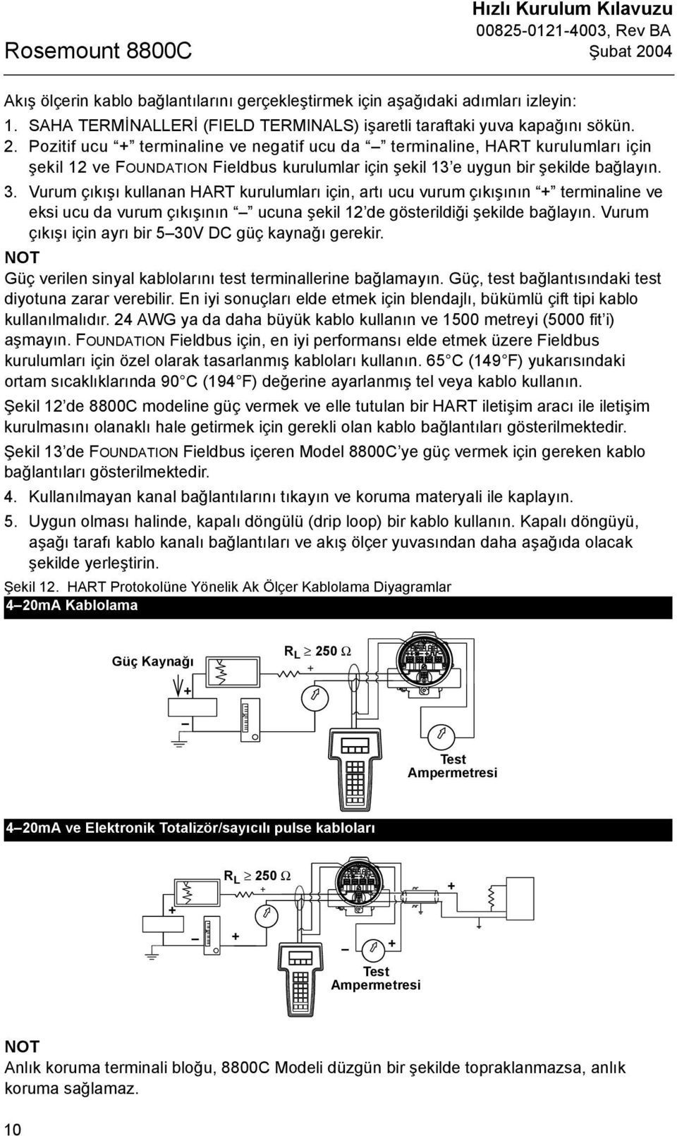 Vurum çõkõşõ kullanan HART kurulumlarõ için, artõ ucu vurum çõkõşõnõn + terminaline ve eksi ucu da vurum çõkõşõnõn ucuna şekil 12 de gösterildiği şekilde bağlayõn.