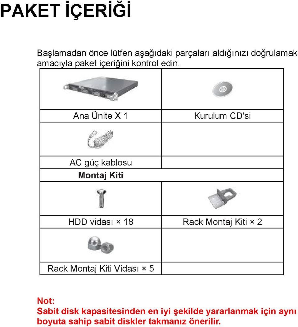 Ana Ünite X 1 Kurulum CD'si AC güç kablosu Montaj Kiti HDD vidası 18 Rack Montaj Kiti