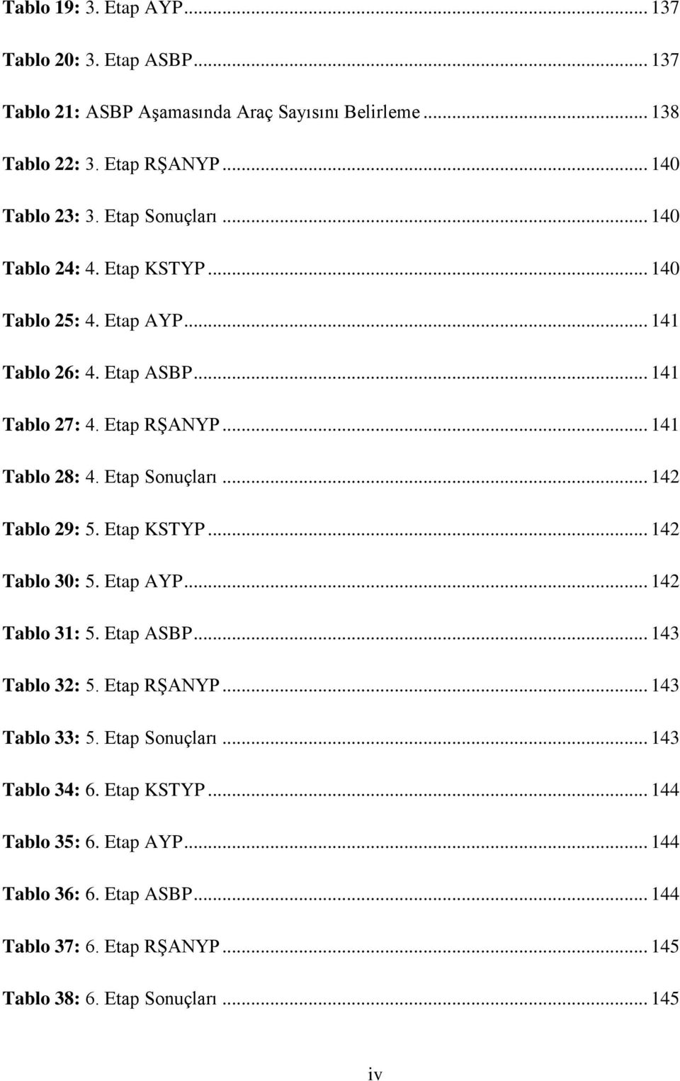 Etap Sonuçları... 142 Tablo 29: 5. Etap KSTYP... 142 Tablo 30: 5. Etap AYP... 142 Tablo 31: 5. Etap ASBP... 143 Tablo 32: 5. Etap RġANYP... 143 Tablo 33: 5.