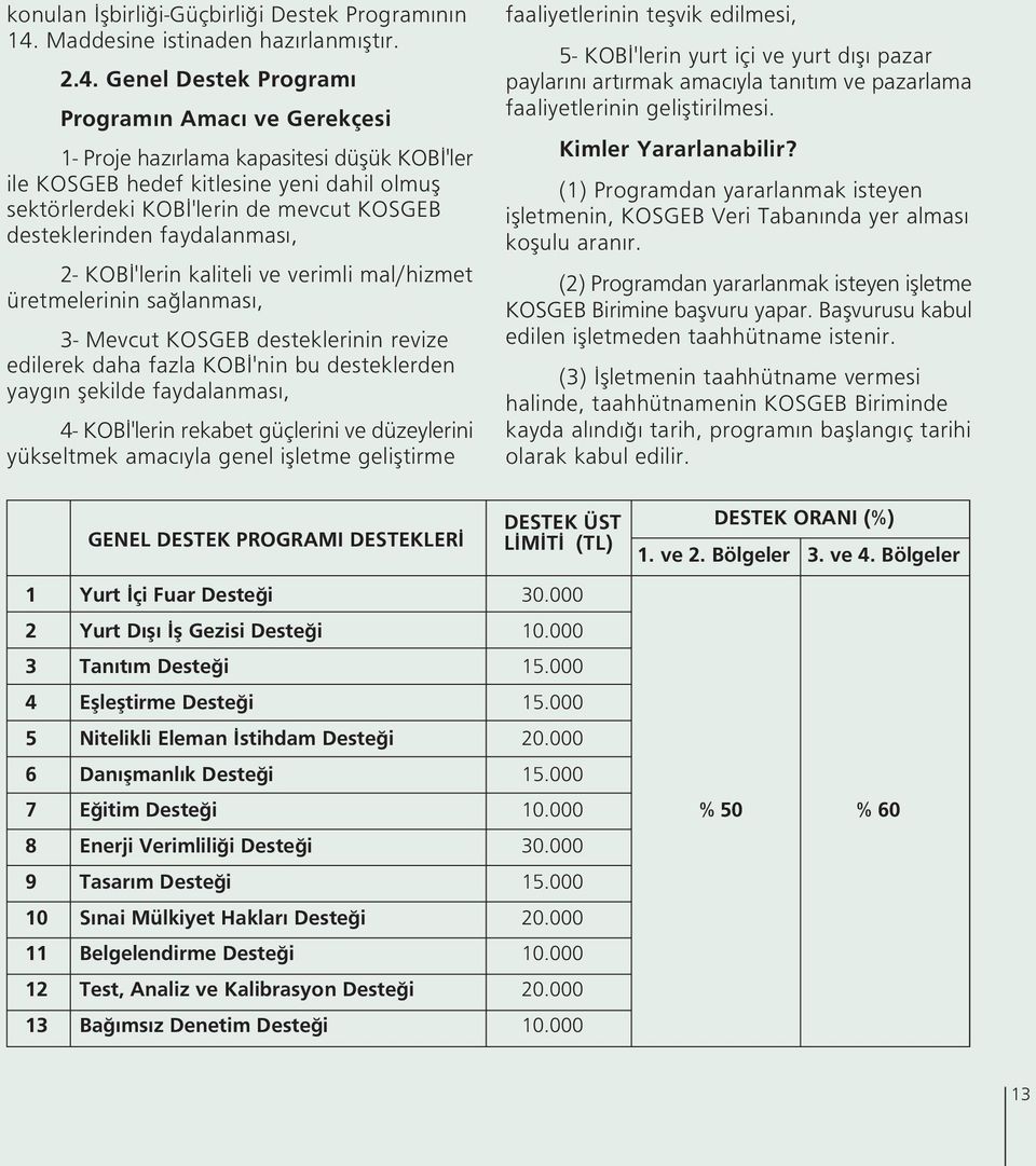 Genel Destek Program Program n Amac ve Gerekçesi 1- Proje haz rlama kapasitesi düflük KOB 'ler ile KOSGEB hedef kitlesine yeni dahil olmufl sektörlerdeki KOB 'lerin de mevcut KOSGEB desteklerinden