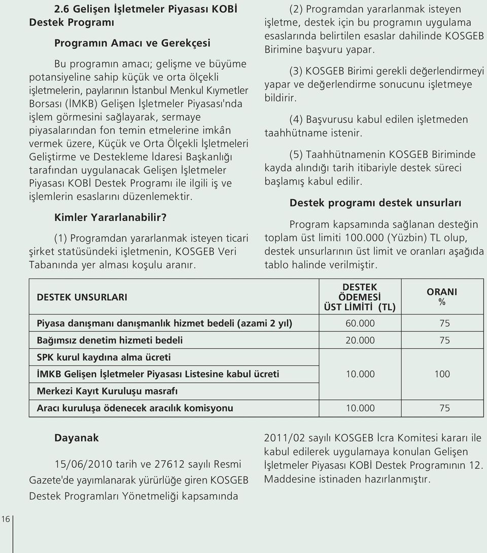 Gelifltirme ve Destekleme daresi Baflkanl taraf ndan uygulanacak Geliflen flletmeler Piyasas KOB Destek Program ile ilgili ifl ve ifllemlerin esaslar n düzenlemektir. Kimler Yararlanabilir?