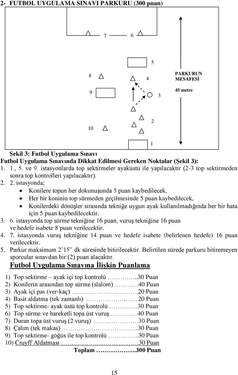 2. istasyonda; Konilere topun her dokunuģunda 5 puan kaybedilecek, Her bir koninin top sürmeden geçilmesinde 5 puan kaybedilecek, Konilerdeki dönüģler sırasında tekniğe uygun ayak kullanılmadığında