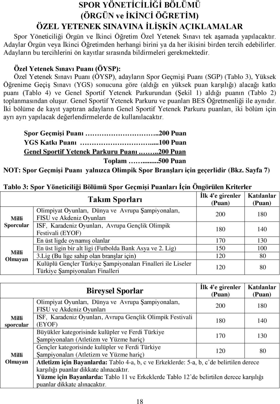 Özel Yetenek Sınavı Puanı (ÖYSP): Özel Yetenek Sınavı Puanı (ÖYSP), adayların Spor GeçmiĢi Puanı (SGP) (Tablo 3), Yüksek Öğrenime GeçiĢ Sınavı (YGS) sonucuna göre (aldığı en yüksek puan karģılığı)