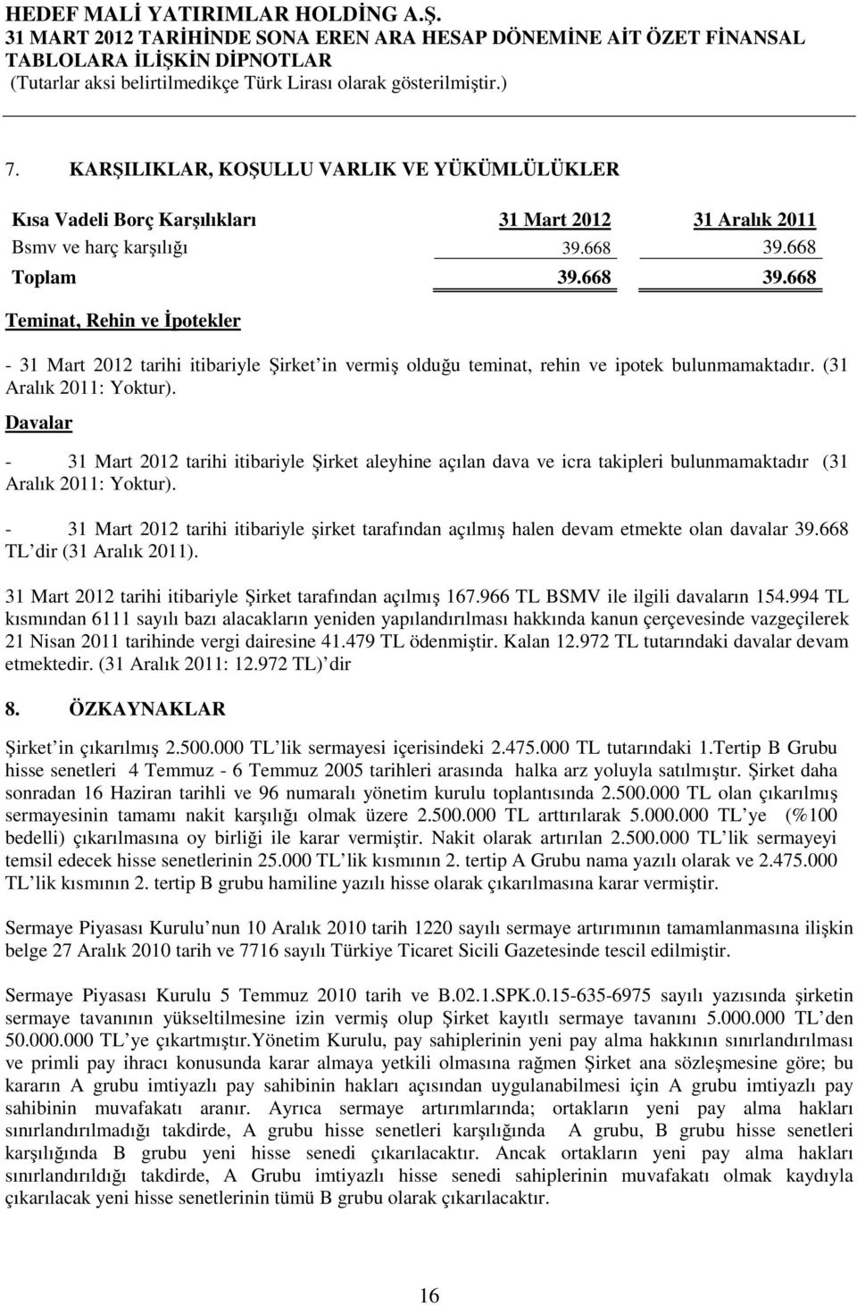 Davalar - 31 Mart 2012 tarihi itibariyle Şirket aleyhine açılan dava ve icra takipleri bulunmamaktadır (31 Aralık 2011: Yoktur).