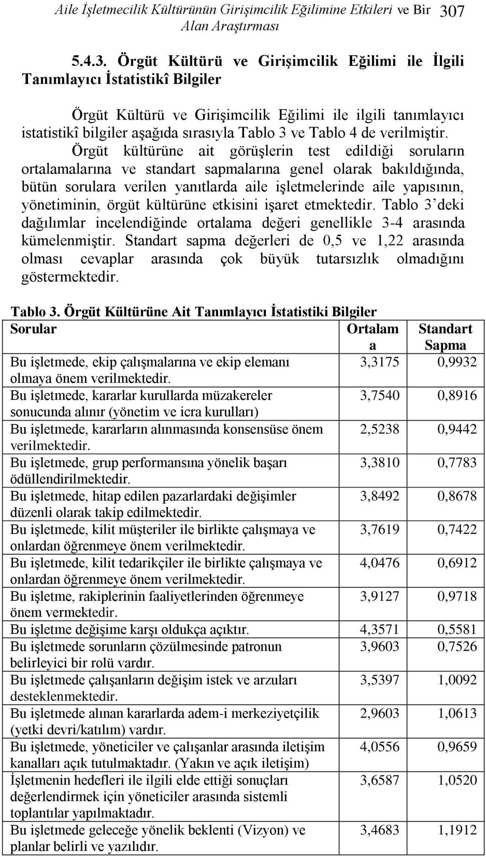 Örgüt kültürüne ait görüģlerin test edildiği soruların ortalamalarına ve standart sapmalarına genel olarak bakıldığında, bütün sorulara verilen yanıtlarda aile iģletmelerinde aile yapısının,