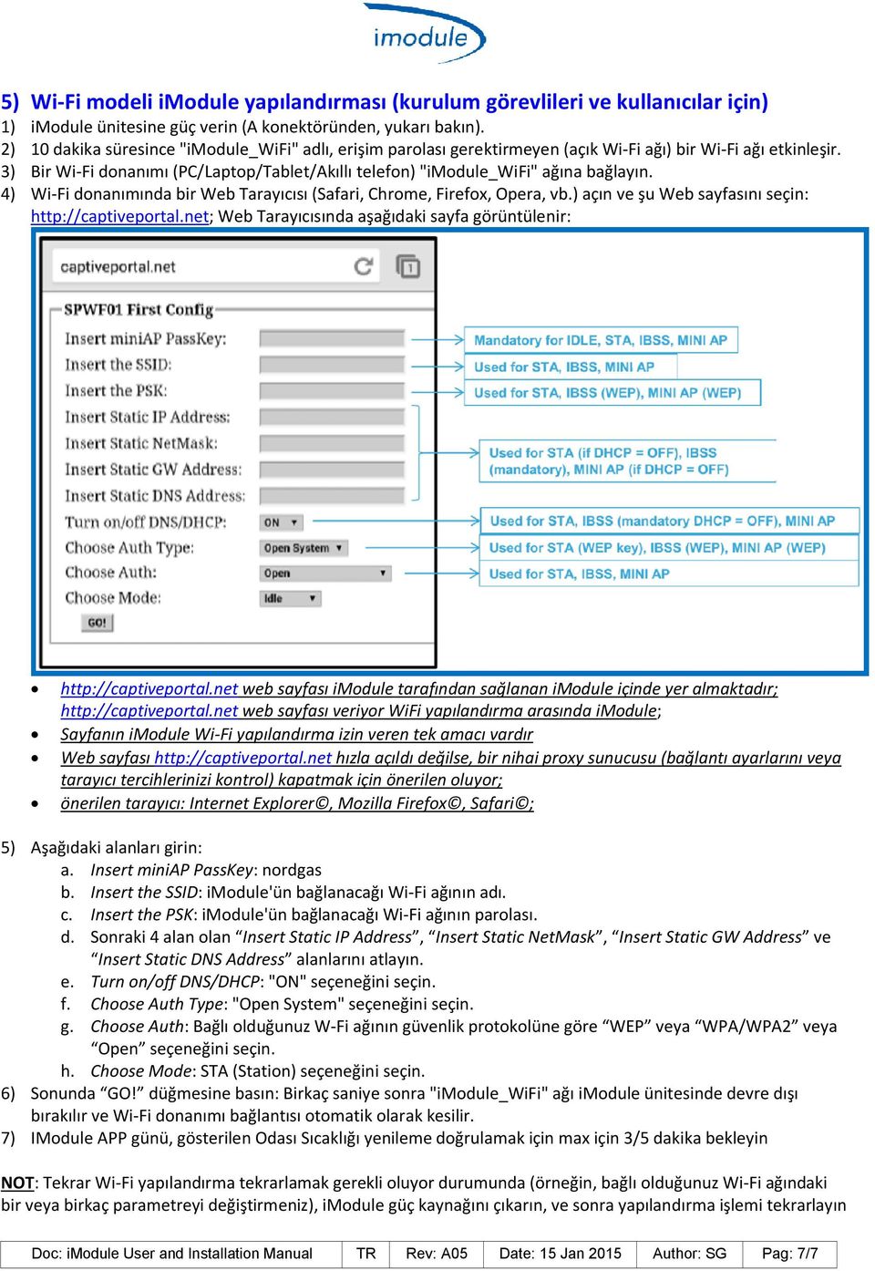 3) Bir Wi-Fi donanımı (PC/Laptop/Tablet/Akıllı telefon) "imodule_wifi" ağına bağlayın. 4) Wi-Fi donanımında bir Web Tarayıcısı (Safari, Chrome, Firefox, Opera, vb.