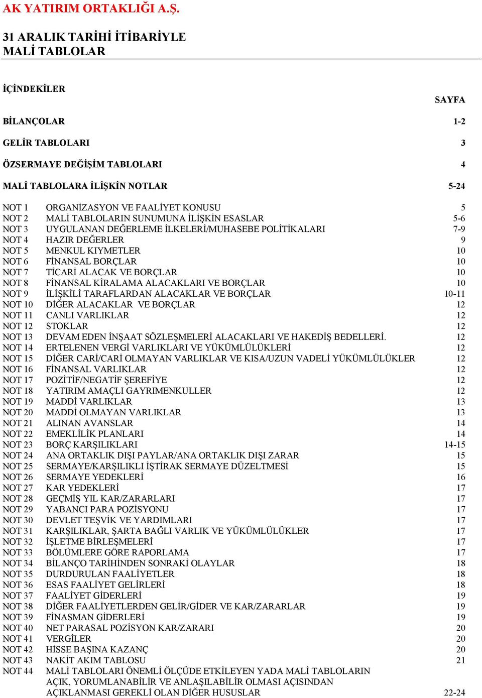 FİNANSAL KİRALAMA ALACAKLARI VE BORÇLAR 10 NOT 9 İLİŞKİLİ TARAFLARDAN ALACAKLAR VE BORÇLAR 10-11 NOT 10 DİĞER ALACAKLAR VE BORÇLAR 12 NOT 11 CANLI VARLIKLAR 12 NOT 12 STOKLAR 12 NOT 13 DEVAM EDEN