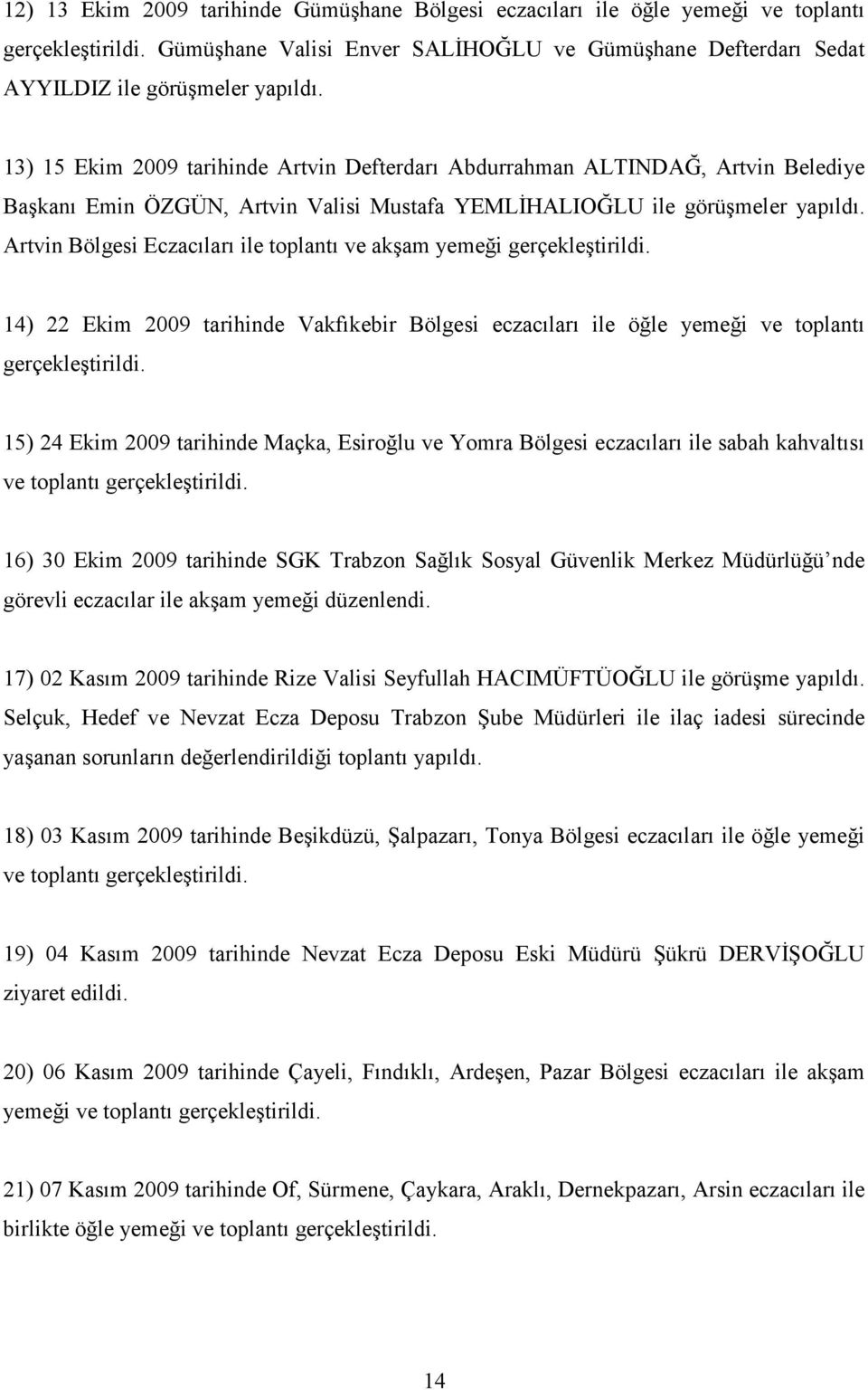 Artvin Bölgesi Eczacıları ile toplantı ve akşam yemeği gerçekleştirildi. 14) 22 Ekim 2009 tarihinde Vakfıkebir Bölgesi eczacıları ile öğle yemeği ve toplantı gerçekleştirildi.