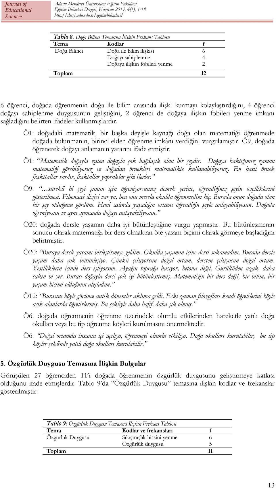 bilim arasında ilişki kurmayı kolaylaştırdığını, 4 öğrenci doğayı sahiplenme duygusunun geliştiğini, 2 öğrenci de doğaya ilişkin fobileri yenme imkanı sağladığını belirten ifadeler kullanmışlardır.