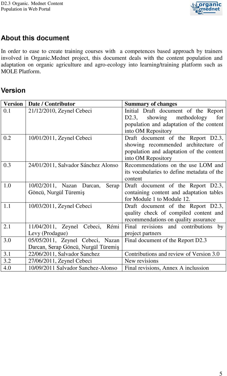 Version Version Date / Contributor Summary of changes 0.1 21/12/2010, Zeynel Cebeci Initial Draft document of the Report D2.