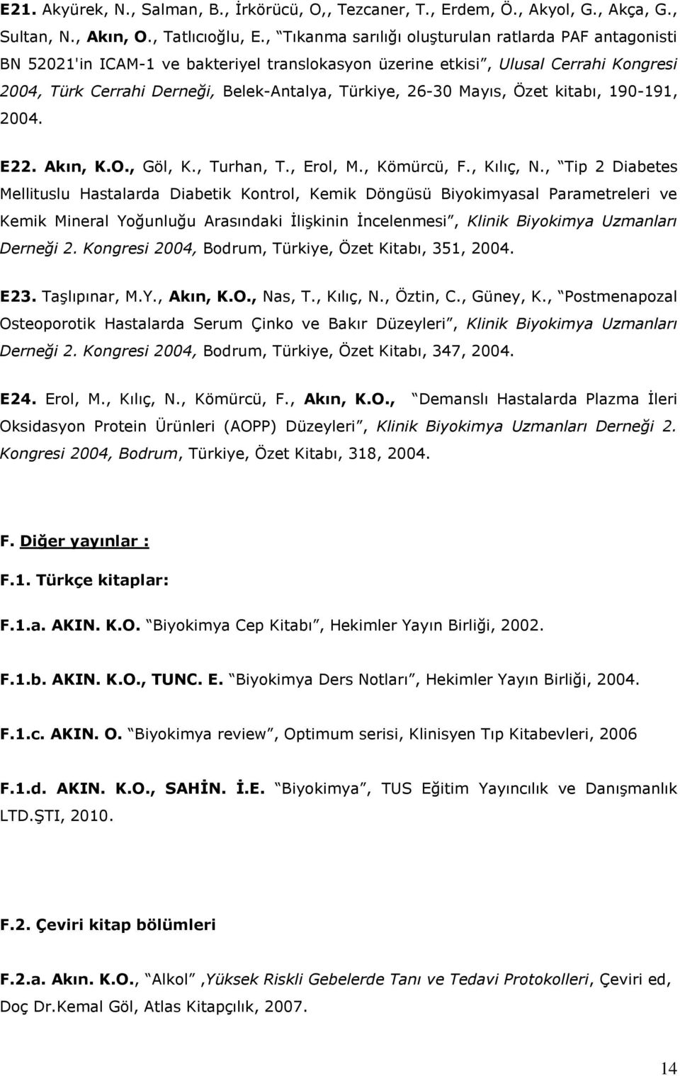 26-30 Mayıs, Özet kitabı, 190-191, 2004. E22. Akın, K.O., Göl, K., Turhan, T., Erol, M., Kömürcü, F., Kılıç, N.