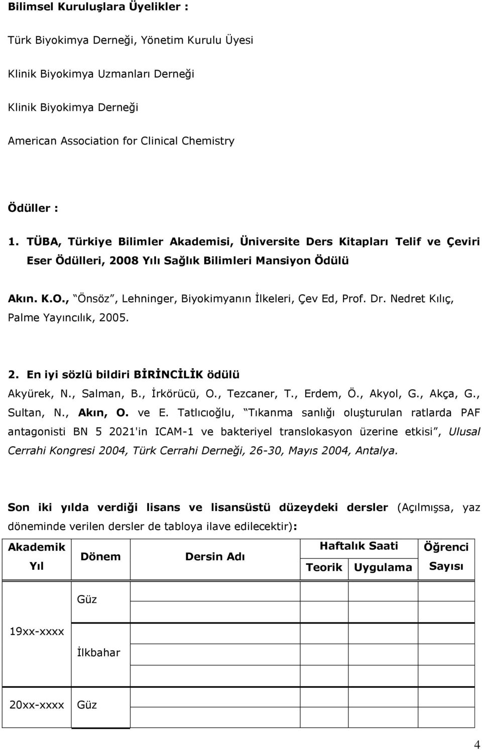 Dr. Nedret Kılıç, Palme Yayıncılık, 2005. 2. En iyi sözlü bildiri BİRİNCİLİK ödülü Akyürek, N., Salman, B., İrkörücü, O., Tezcaner, T., Erdem, Ö., Akyol, G., Akça, G., Sultan, N., Akın, O. ve E.