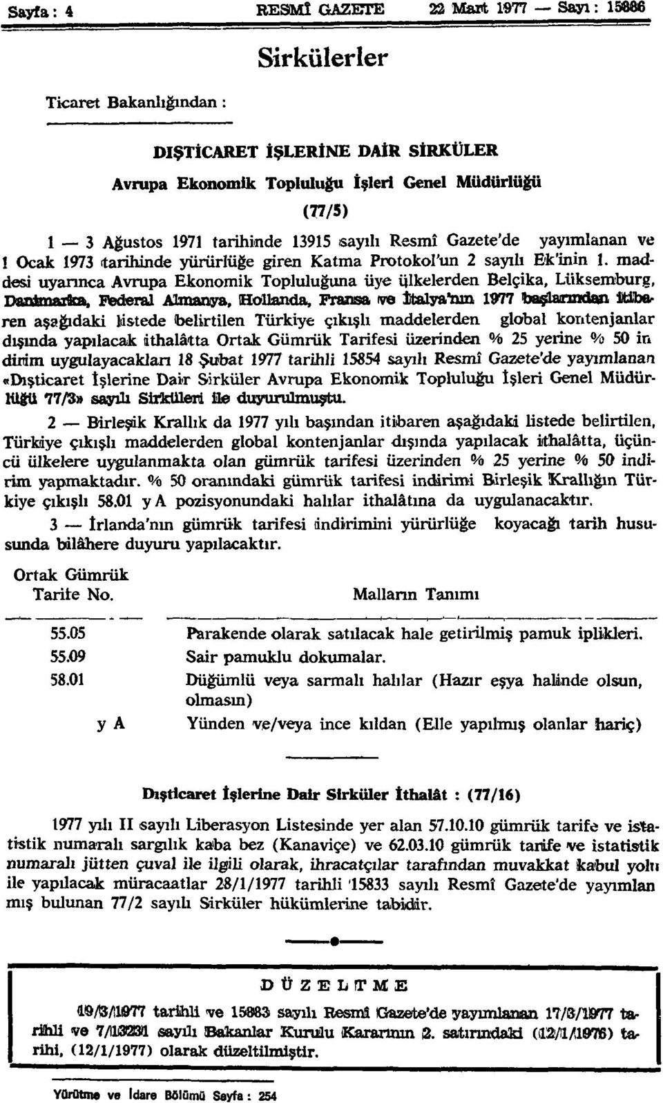 maddesi uyarınca Avrupa Ekonomik Topluluğuna üye ülkelerden Belçika, Lüksemburg, Danimarka, Federal Almanya, Hollanda, Fransa ve İtalya'nın 1977 başlarından itibaren aşağıdaki listede belirtilen