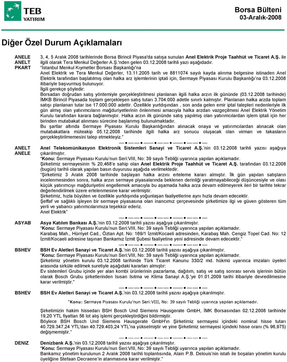 2005 tarih ve 8811074 sayılı kayda alınma belgesine istinaden Anel Elektrik tarafından başlatılmış olan halka arz işlemlerinin iptali için, Sermaye Piyasası Kurulu Başkanlığı na 03.12.