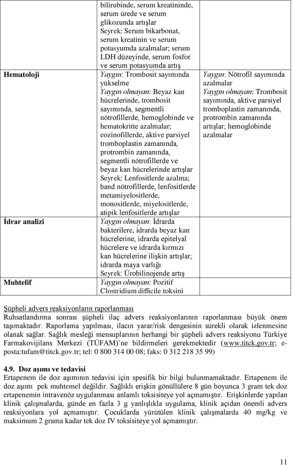 hematokritte azalmalar; eozinofillerde, aktive parsiyel tromboplastin zamanında, protrombin zamanında, segmentli nötrofillerde ve beyaz kan hücrelerinde artışlar Seyrek: Lenfositlerde azalma; band