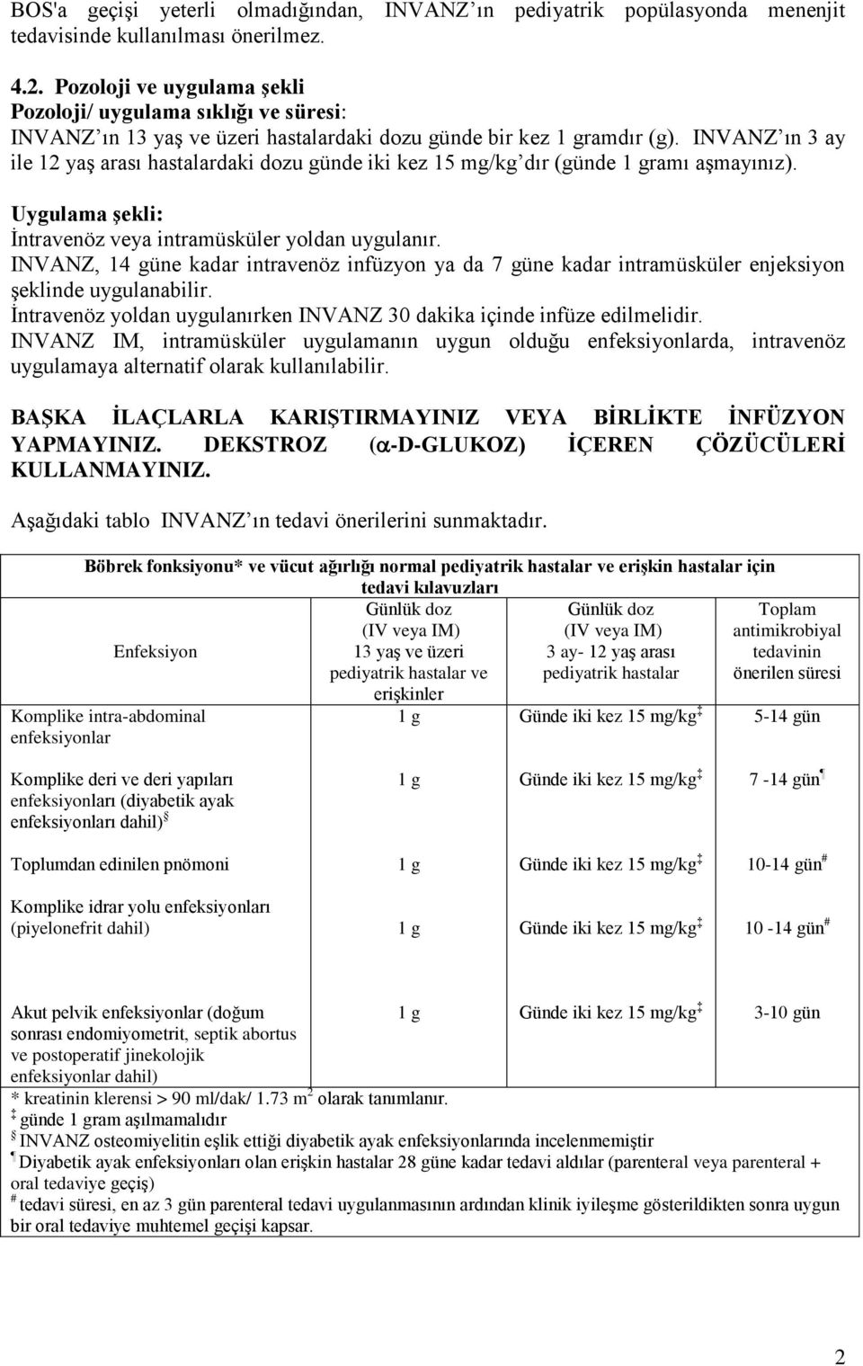 INVANZ ın 3 ay ile 12 yaş arası hastalardaki dozu günde iki kez 15 mg/kg dır (günde 1 gramı aşmayınız). Uygulama şekli: İntravenöz veya intramüsküler yoldan uygulanır.