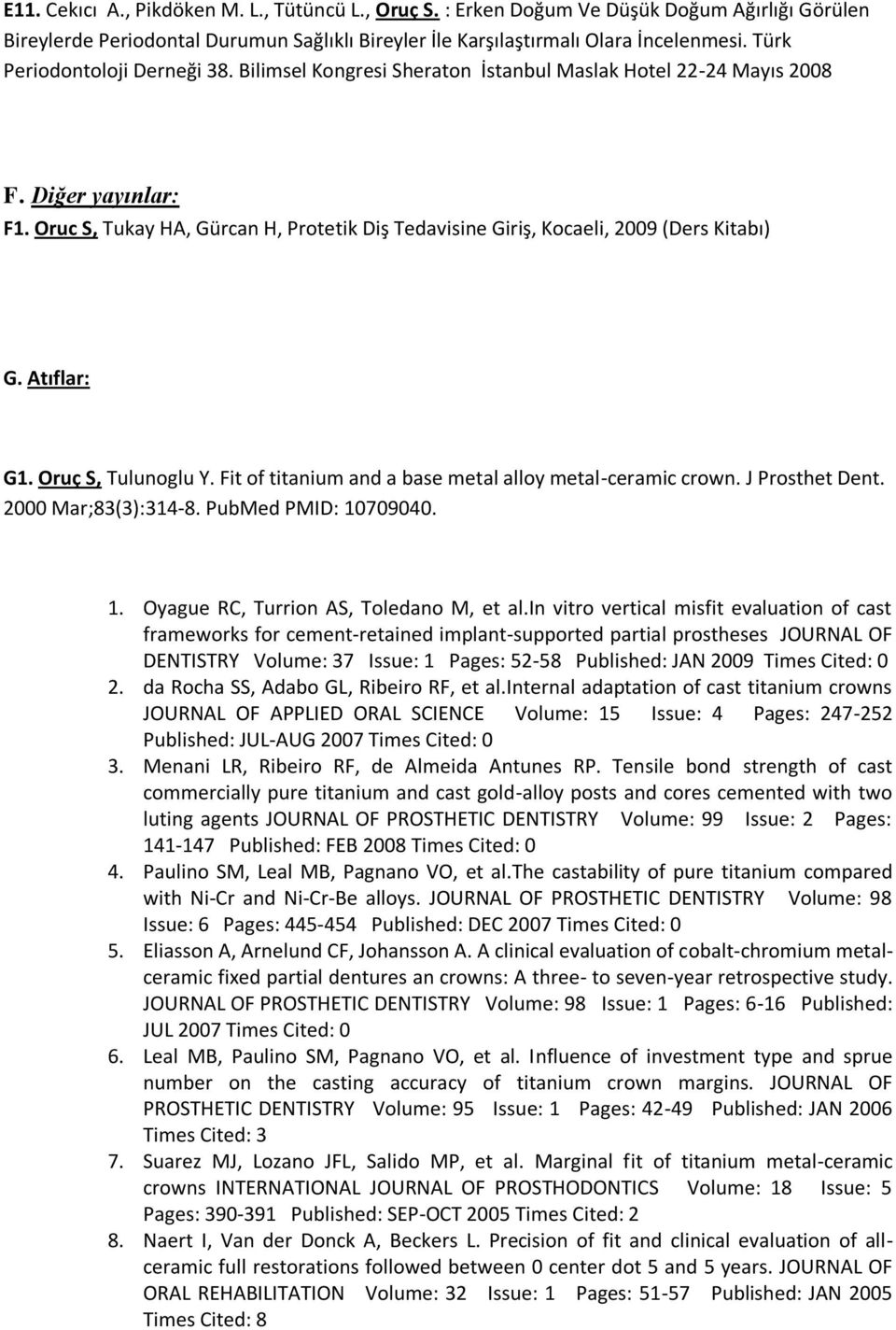 Oruc S, Tukay HA, Gürcan H, Protetik Diş Tedavisine Giriş, Kocaeli, 2009 (Ders Kitabı) G. Atıflar: G1. Oruç S, Tulunoglu Y. Fit of titanium and a base metal alloy metal-ceramic crown. J Prosthet Dent.