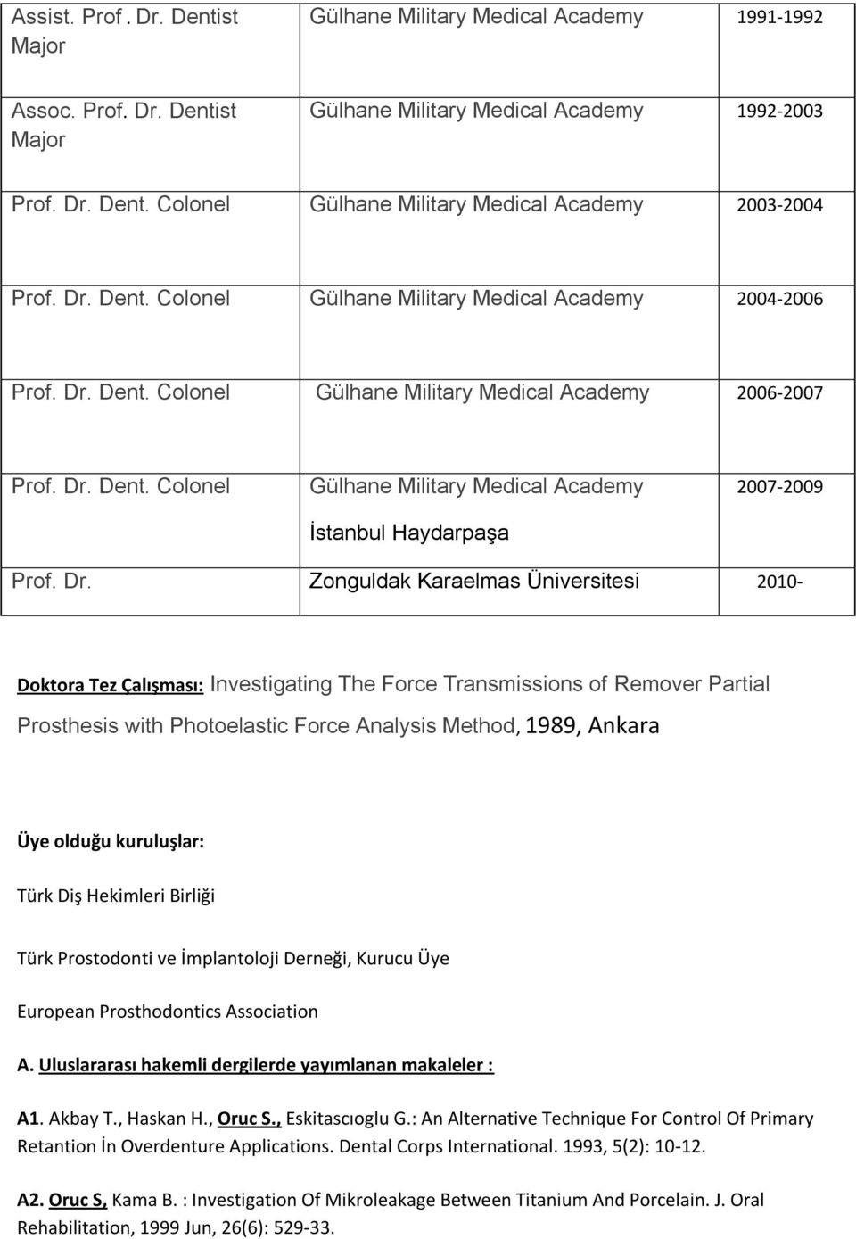 Dr. Zonguldak Karaelmas Üniversitesi 2010- Doktora Tez Çalışması: Investigating The Force Transmissions of Remover Partial Prosthesis with Photoelastic Force Analysis Method, 1989, Ankara Üye olduğu