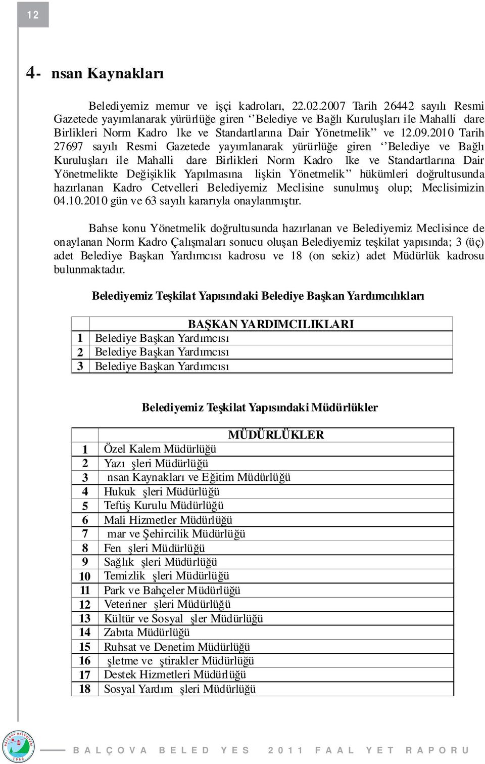 2010 Tarih 27697 sayılı Resmi Gazetede yayımlanarak yürürlüğe giren Belediye ve Bağlı Kuruluşları ile Mahalli İdare Birlikleri Norm Kadro İlke ve Standartlarına Dair Yönetmelikte Değişiklik