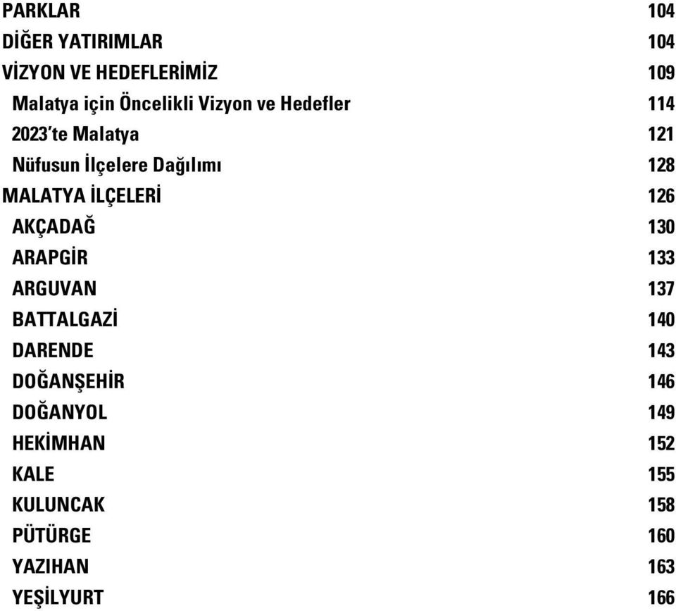 İLÇELERİ 126 AKÇADAĞ 130 ARAPGİR 133 ARGUVAN 137 BATTALGAZİ 140 DARENDE 143