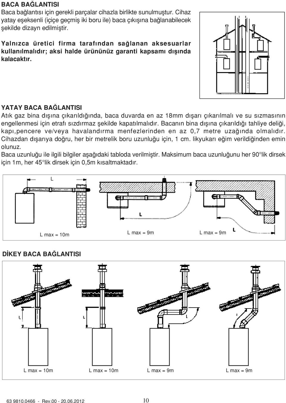 YATAY BACA BA LANTISI At k gaz bina d fl na ç kar ld nda, baca duvarda en az 18mm d flar ç kar lmal ve su s zmas n n engellenmesi için etraf s zd rmaz flekilde kapat lmal d r.