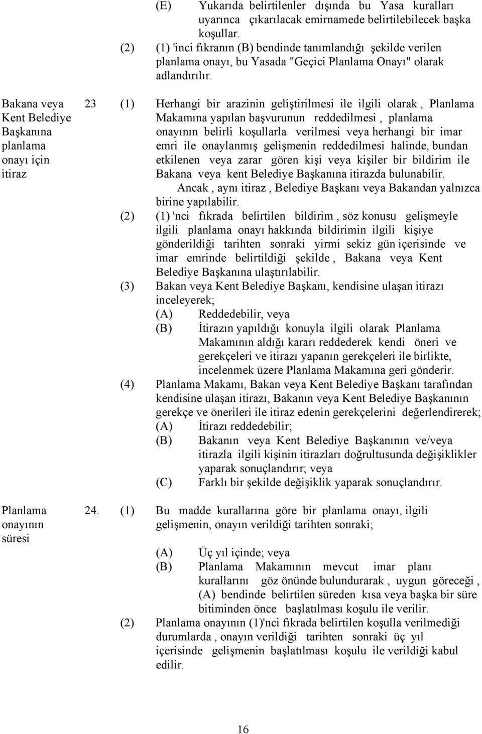 Bakana veya Kent Belediye Başkanına planlama onayı için itiraz Planlama onayının süresi 23 (1) Herhangi bir arazinin geliştirilmesi ile ilgili olarak, Planlama Makamına yapılan başvurunun