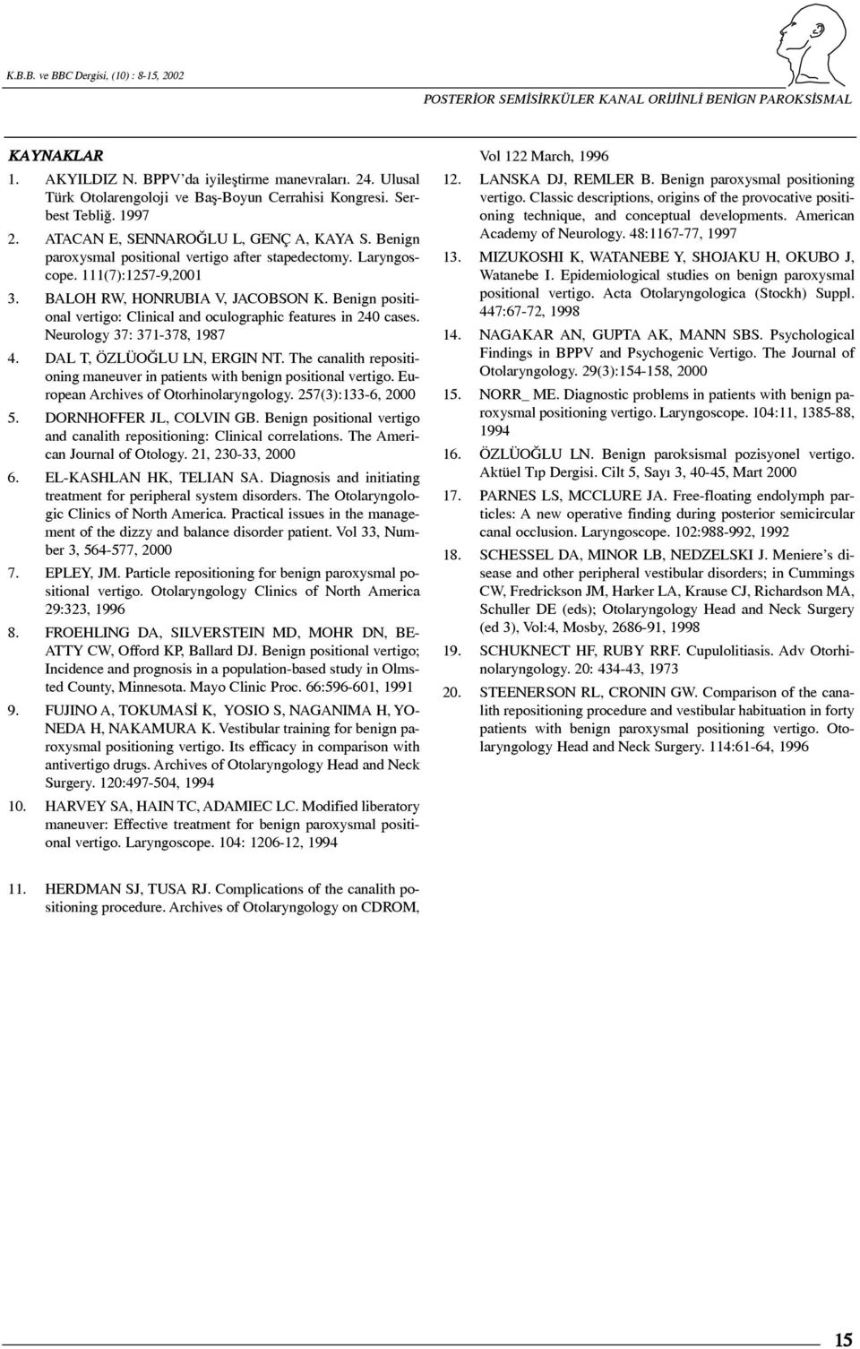 Benign positional vertigo: Clinical and oculographic features in 240 cases. Neurology 37: 371-378, 1987 4. DAL T, ÖZLÜOÐLU LN, ERGIN NT.