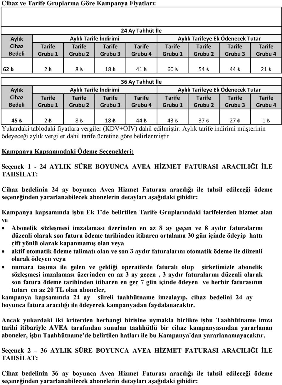 Grubu 3 Grubu 4 Grubu 1 Aylık Tarifeye Ek Ödenecek Tutar Tarife Tarife Grubu 2 Grubu 3 Tarife Grubu 4 45 2 8 18 44 43 37 27 1 Yukardaki tablodaki fiyatlara vergiler (KDV+ÖİV) dahil edilmiştir.