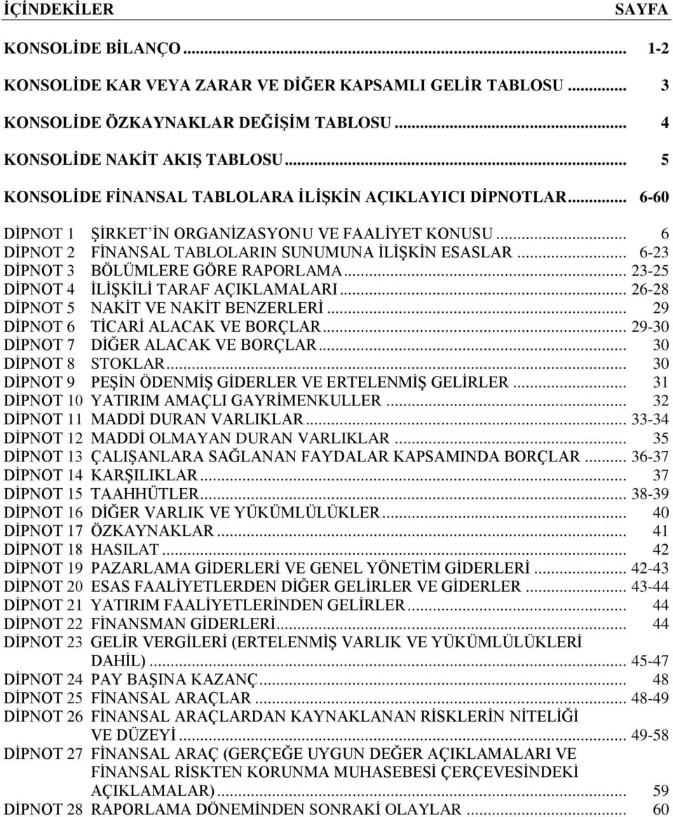 .. 6-23 DİPNOT 3 BÖLÜMLERE GÖRE RAPORLAMA... 23-25 DİPNOT 4 İLİŞKİLİ TARAF AÇIKLAMALARI... 26-28 DİPNOT 5 NAKİT VE NAKİT BENZERLERİ... 29 DİPNOT 6 TİCARİ ALACAK VE BORÇLAR.