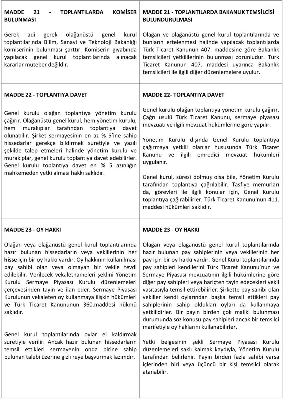 MADDE 21 - TOPLANTILARDA BAKANLIK TEMSİLCİSİ BULUNDURULMASI Olağan ve olağanüstü genel kurul toplantılarında ve bunların ertelenmesi halinde yapılacak toplantılarda Türk Ticaret Kanunun 407.