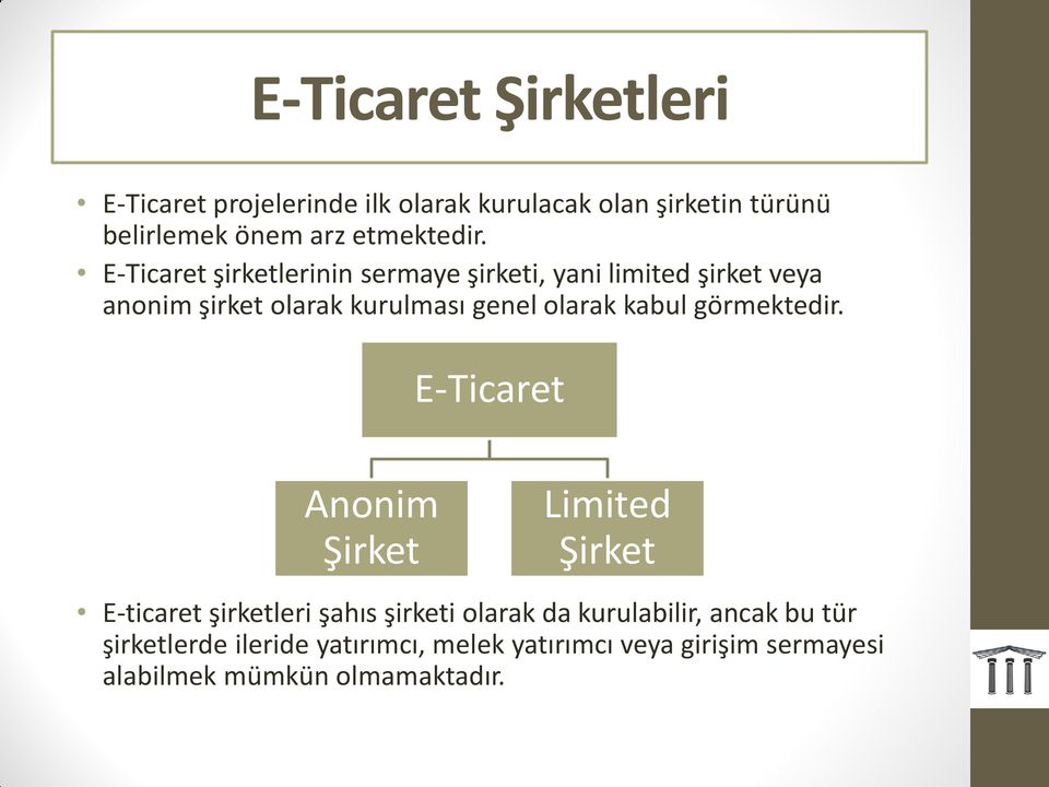 E-Ticaret şirketlerinin sermaye şirketi, yani limited şirket veya anonim şirket olarak kurulması genel olarak