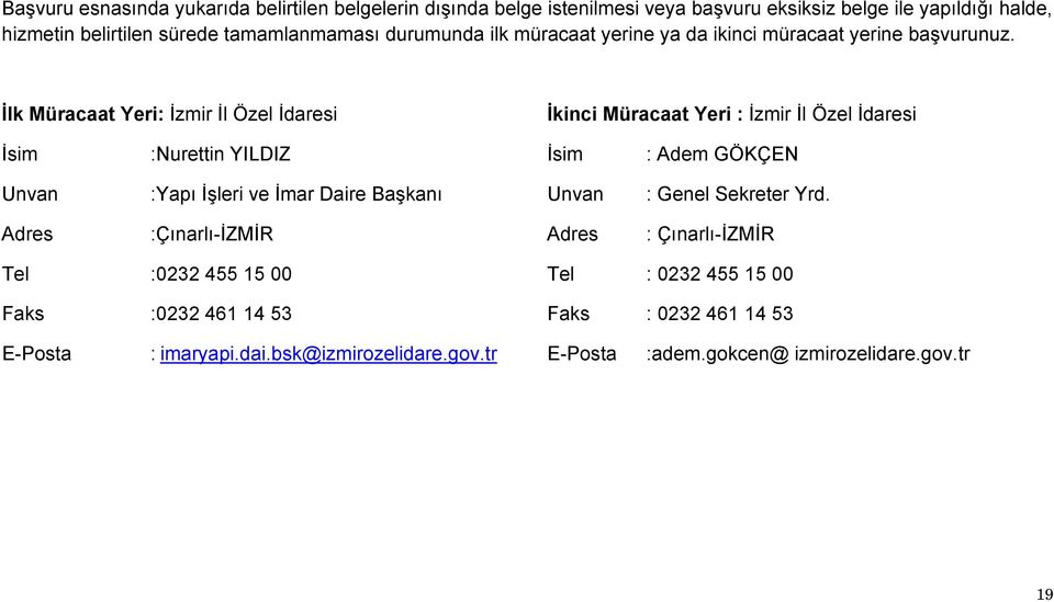 İlk Müracaat Yeri: İzmir İl Özel İdaresi İkinci Müracaat Yeri : İzmir İl Özel İdaresi İsim :Nurettin YILDIZ İsim : Adem GÖKÇEN Unvan :Yapı İşleri ve İmar Daire