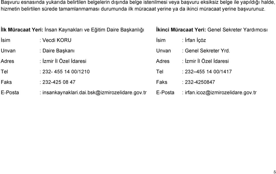 İlk Müracaat Yeri: İnsan Kaynakları ve Eğitim Daire Başkanlığı İkinci Müracaat Yeri: Genel Sekreter Yardımcısı İsim : Vecdi KORU İsim : İrfan İçöz Unvan : Daire Başkanı