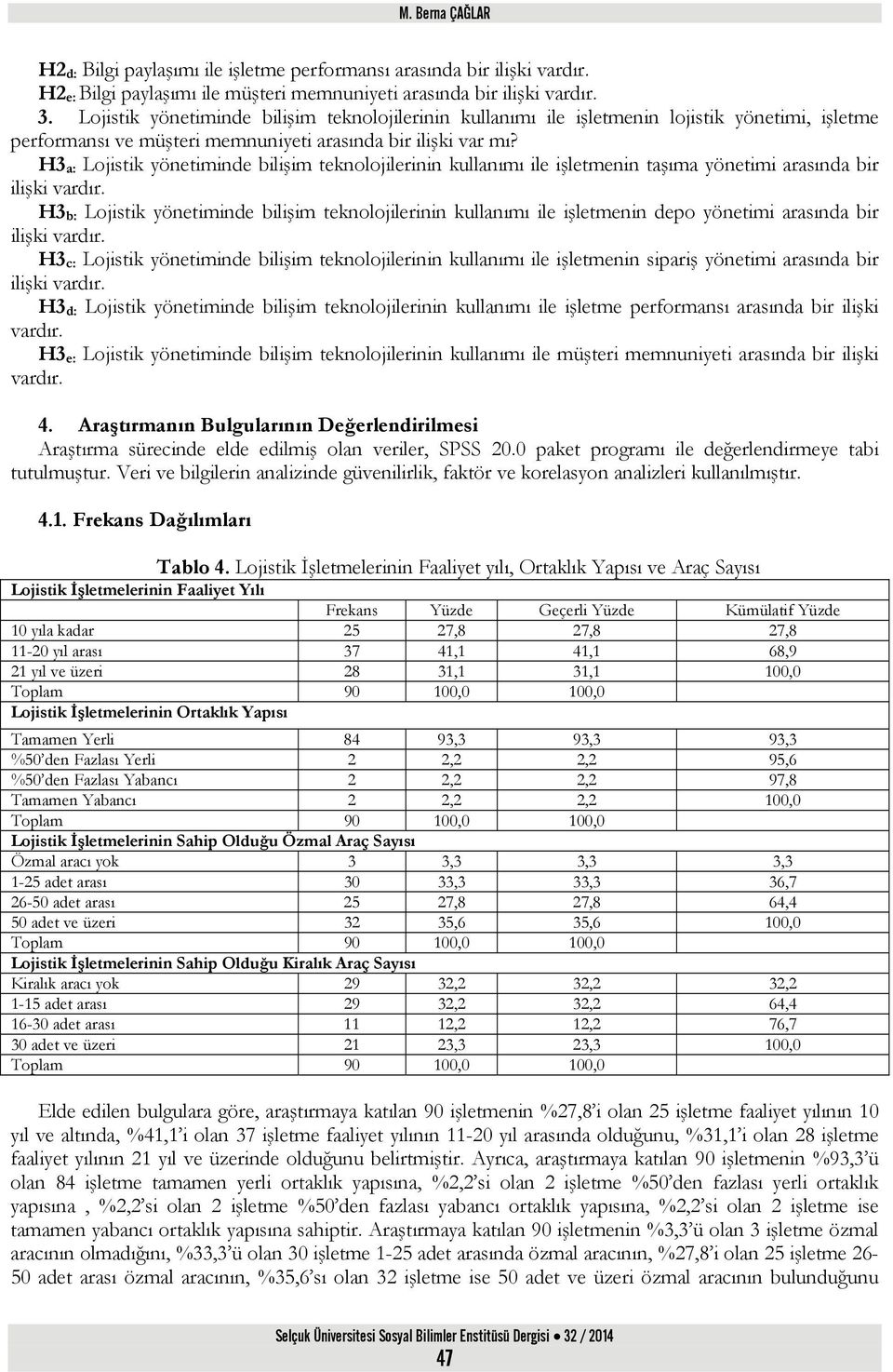 H3 a: Lojistik yönetiminde bilişim teknolojilerinin kullanımı ile işletmenin taşıma yönetimi arasında bir ilişki vardır.