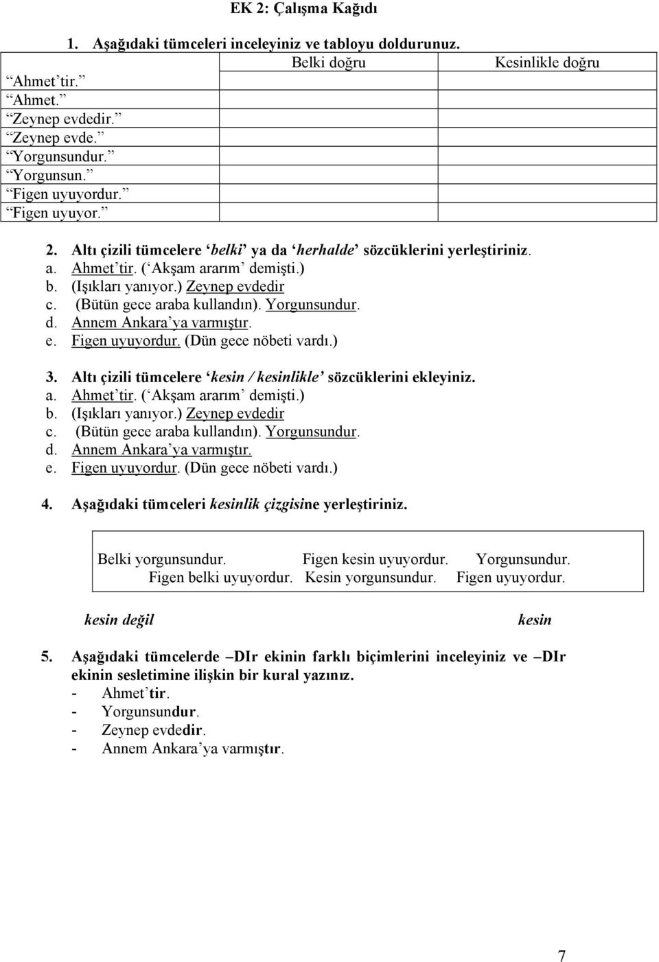 e. Figen uyuyordur. (Dün gece nöbeti vardı.) 3. Altı çizili tümcelere kesin / kesinlikle sözcüklerini ekleyiniz. a. Ahmet tir. ( Akşam ararım demişti.) b. (Işıkları yanıyor.) Zeynep evdedir c.