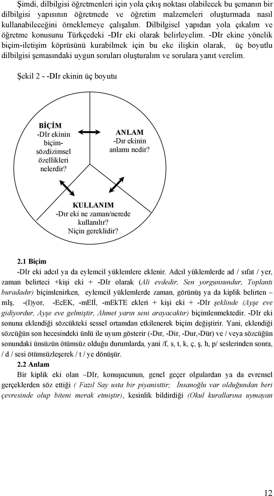 -DIr ekine yönelik biçim-iletişim köprüsünü kurabilmek için bu eke ilişkin olarak, üç boyutlu dilbilgisi şemasındaki uygun soruları oluşturalım ve sorulara yanıt verelim.