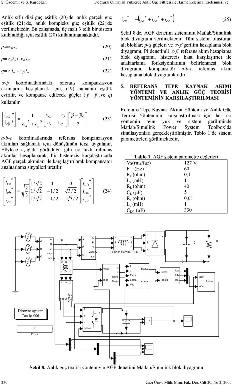 u çalışmada, üç fazlı 3 telli bir sistem kullanıldığı için eşitlik () kullanılmamaktadır. p =.i () p= αi α β.i α () q= α i α - β.