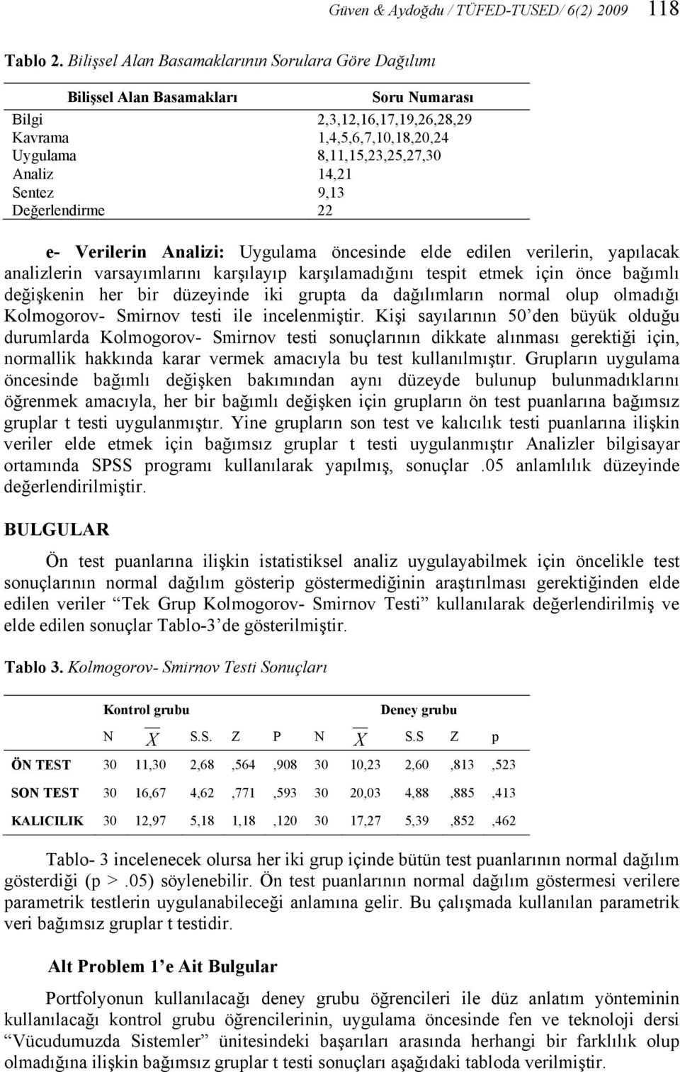 karşılamadığını tespit etmek için önce bağımlı değişkenin her bir düzeyinde iki grupta da dağılımların normal olup olmadığı Kolmogorov- Smirnov testi ile incelenmiştir.