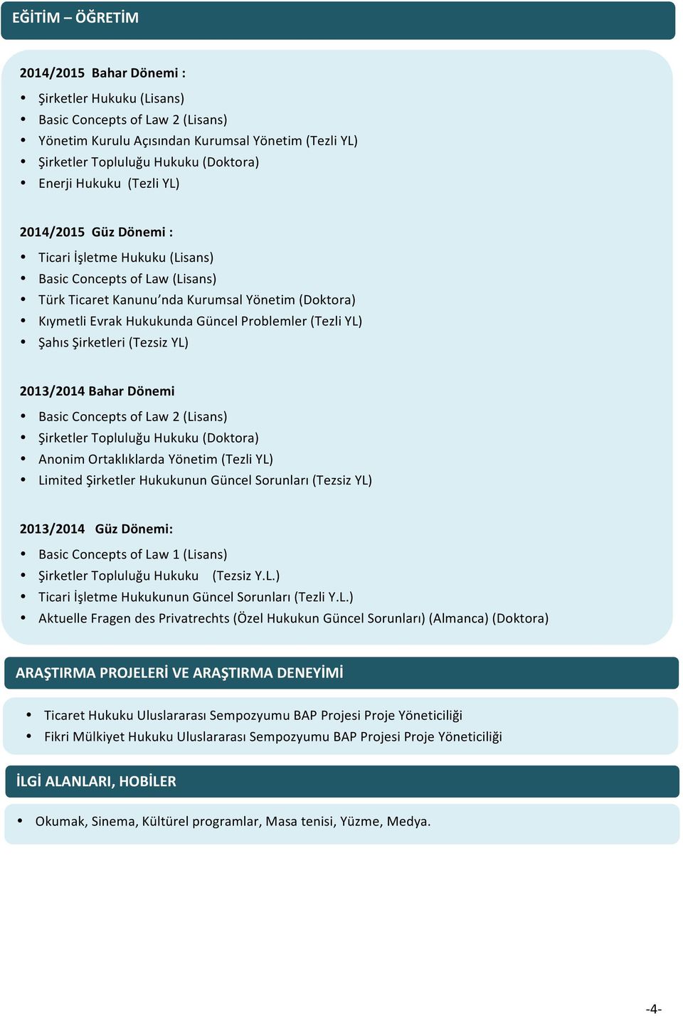 (Tezli YL) Şahıs Şirketleri (Tezsiz YL) 2013/2014 Bahar Dönemi Basic Concepts of Law 2 (Lisans) Şirketler Topluluğu Hukuku (Doktora) Anonim Ortaklıklarda Yönetim (Tezli YL) Limited Şirketler