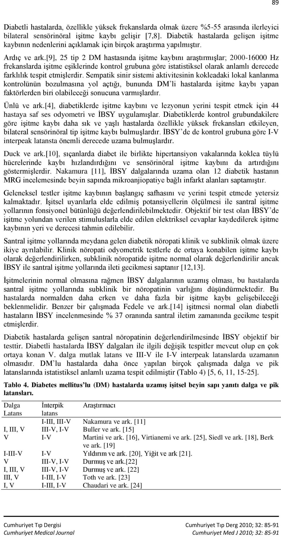 [9], 25 tip 2 DM hastasında işitme kaybını araştırmışlar; 2000-16000 Hz frekanslarda işitme eşiklerinde kontrol grubuna göre istatistiksel olarak anlamlı derecede farklılık tespit etmişlerdir.