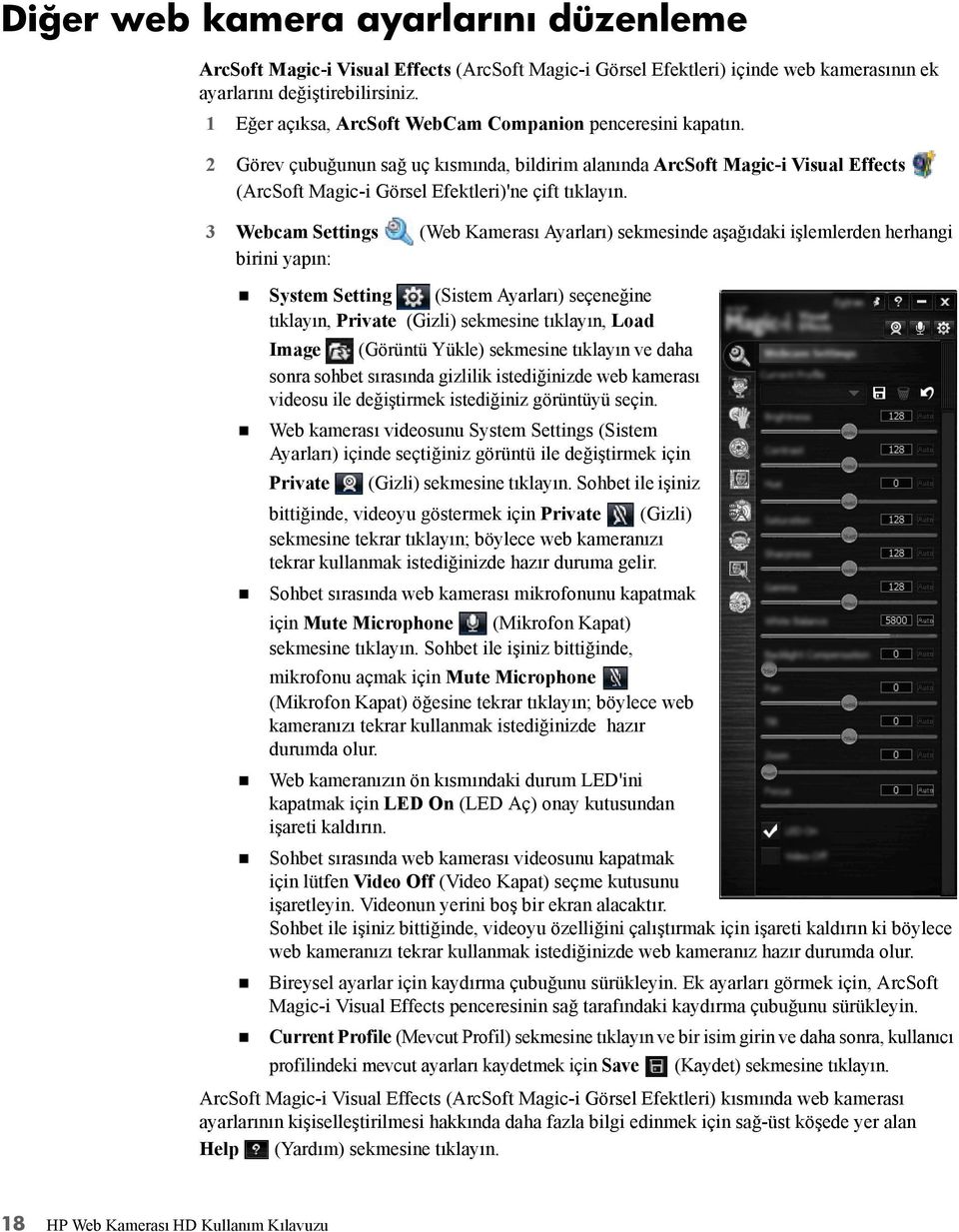 3 Webcam Settings (Web Kamerası Ayarları) sekmesinde aşağıdaki işlemlerden herhangi birini yapın: System Setting (Sistem Ayarları) seçeneğine tıklayın, Private (Gizli) sekmesine tıklayın, Load Image