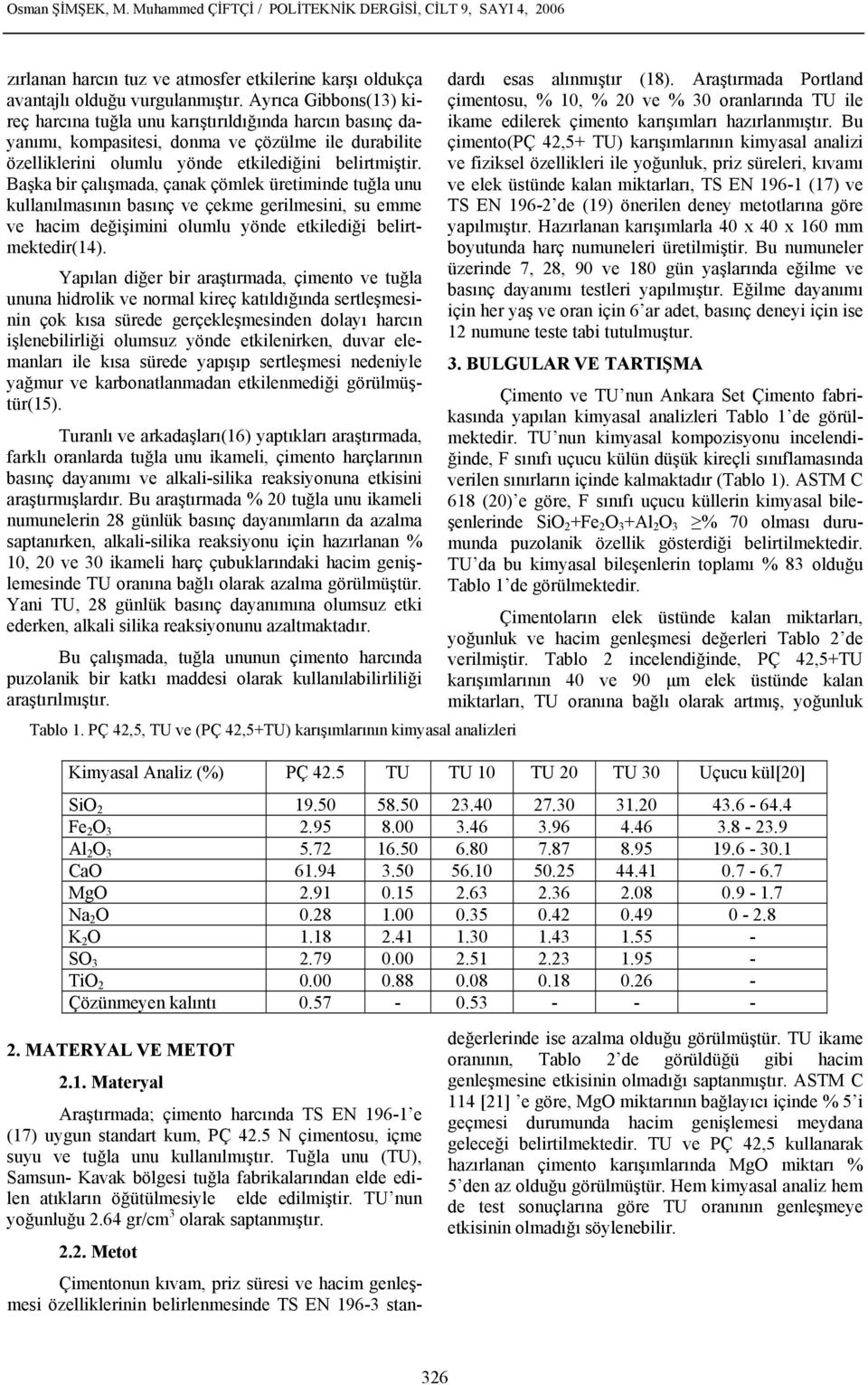 Başka bir çalışmada, çanak çömlek üretiminde tuğla unu kullanılmasının basınç ve çekme gerilmesini, su emme ve hacim değişimini olumlu yönde etkilediği belirtmektedir(14).