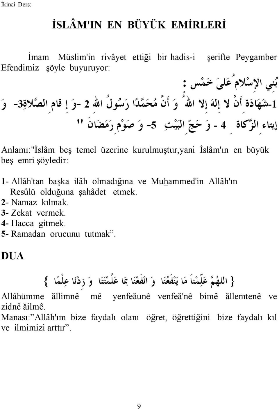 başka ilâh olmadığına ve Muhammed'in Allâh'ın Resûlü olduğuna şahâdet etmek. 2- Namaz kılmak. 3- Zekat vermek. 4- Hacca gitmek. 5- Ramadan orucunu tutmak.