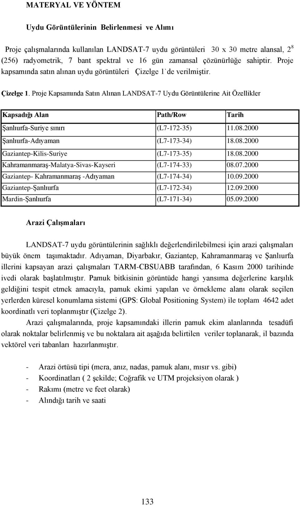 de verilmiştir. Çizelge 1. Proje Kapsamında Satın Alınan LANDSAT-7 Uydu Görüntülerine Ait Özellikler Kapsadığı Alan Path/Row Tarih Şanlıurfa-Suriye sınırı (L7-172-35) 11.08.