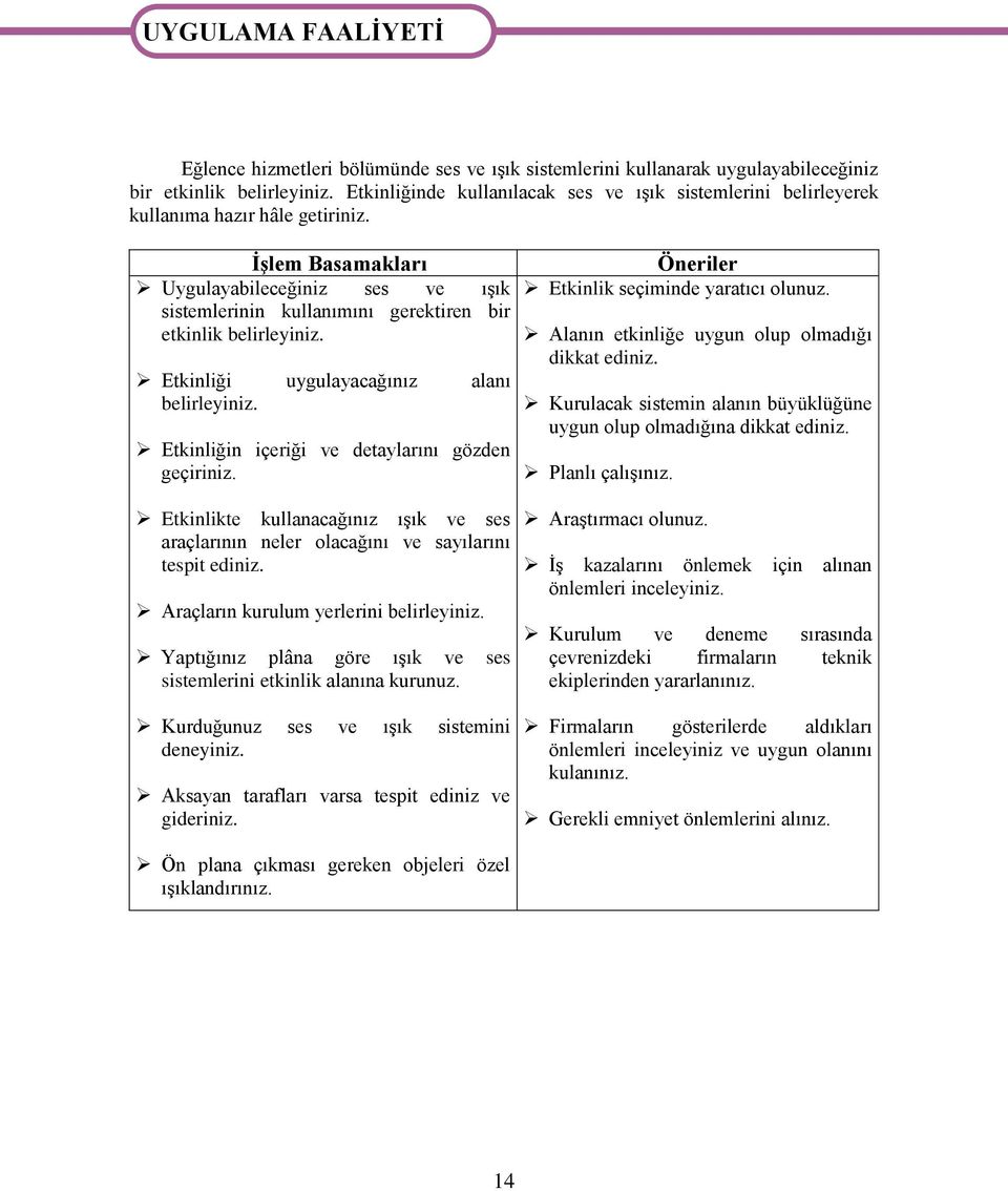 İşlem Basamakları Uygulayabileceğiniz ses ve ışık sistemlerinin kullanımını gerektiren bir etkinlik belirleyiniz. Etkinliği uygulayacağınız alanı belirleyiniz.