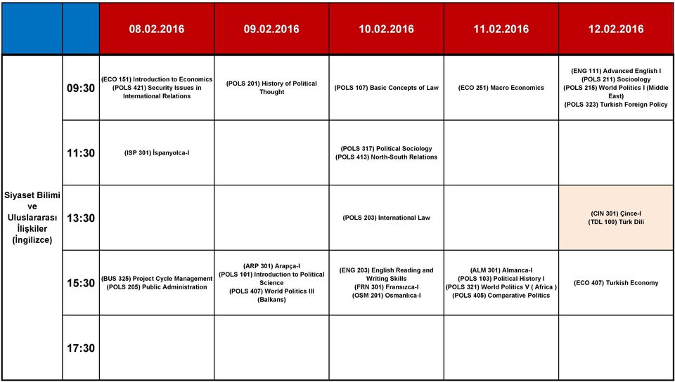 Relations Siyaset Bilimi ve Beslenme ve Uluslararası İlişkiler (İngilizce) (POLS 203) International Law (BUS 325) Project Cycle Management (POLS 205) Public Administration (POLS 101) Introduction to