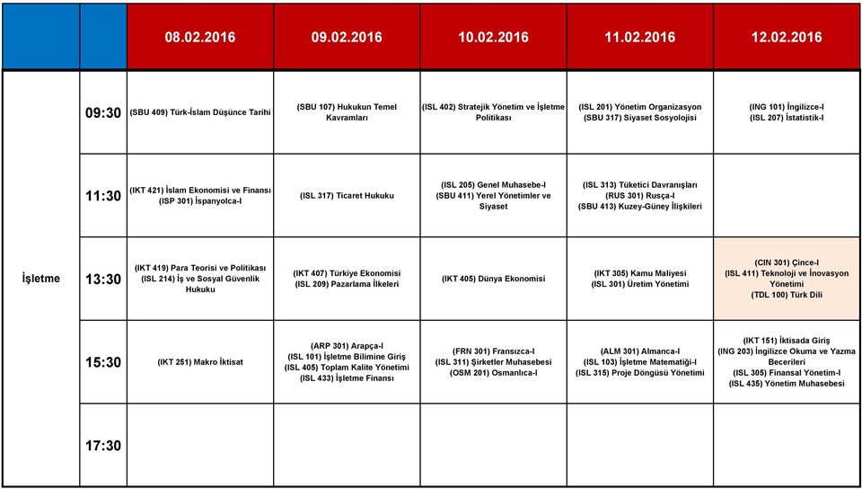 313) Tüketici Davranışları (RUS 301) Rusça-I (SBU 413) Kuzey-Güney İlişkileri Beslenme ve İşletme (IKT 419) Para Teorisi ve Politikası (ISL 214) İş ve Sosyal Güvenlik Hukuku (IKT 407) Türkiye