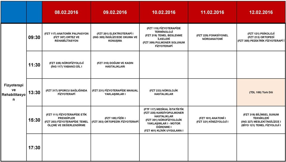 (FZT 315) DOĞUM VE KADIN HASTALIKLARI Fizyoterapi Beslenme ve ve Rehabilitasyo n (FZT 317) SPORCU SAĞLIĞINDA FİZYOTERAPİ (FZT 231) FİZYOTERAPİDE MANUAL YAKLAŞIMLAR I (FZT 233) NÖROLOJİK HASTALIKLAR