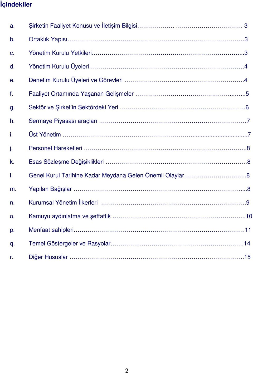 Sermaye Piyasası araçları 7 i. Üst Yönetim...7 j. Personel Hareketleri..8 k. Esas Sözleşme Değişiklikleri 8 l.