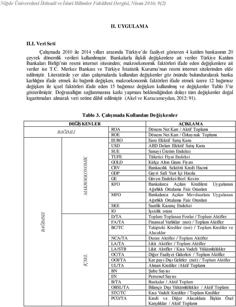 Bankalarla ilişkili değişkenlere ait veriler Türkiye Katılım Bankaları Birliği nin resmi internet sitesinden; makroekonomik faktörleri ifade eden değişkenlere ait veriler ise T.C.